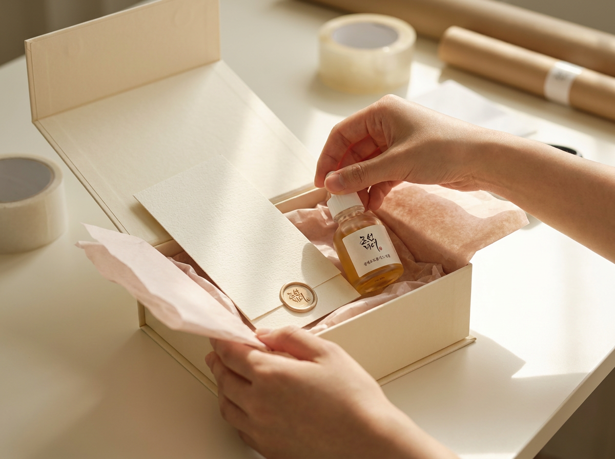 An order being packed by hand into a cream box with a wax-sealed provenance card