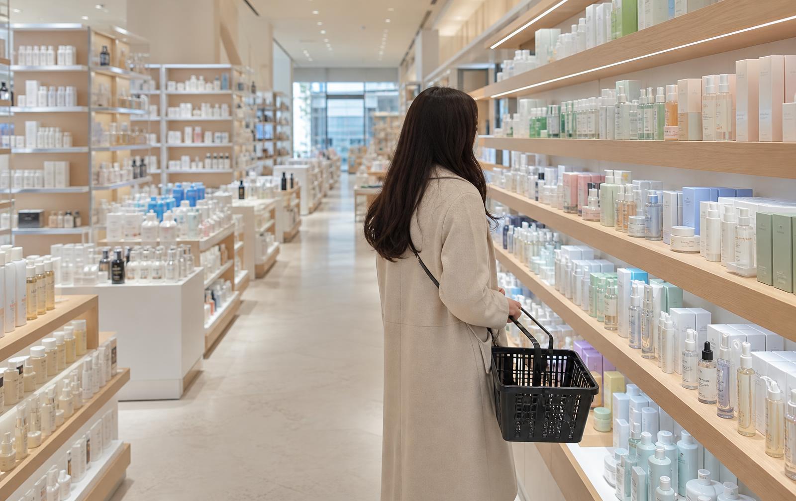 Bright modern Korean skincare store aisle in Seoul, shelves densely stocked with serums, toners and creams, a shopper seen from behind carrying a black shopping basket