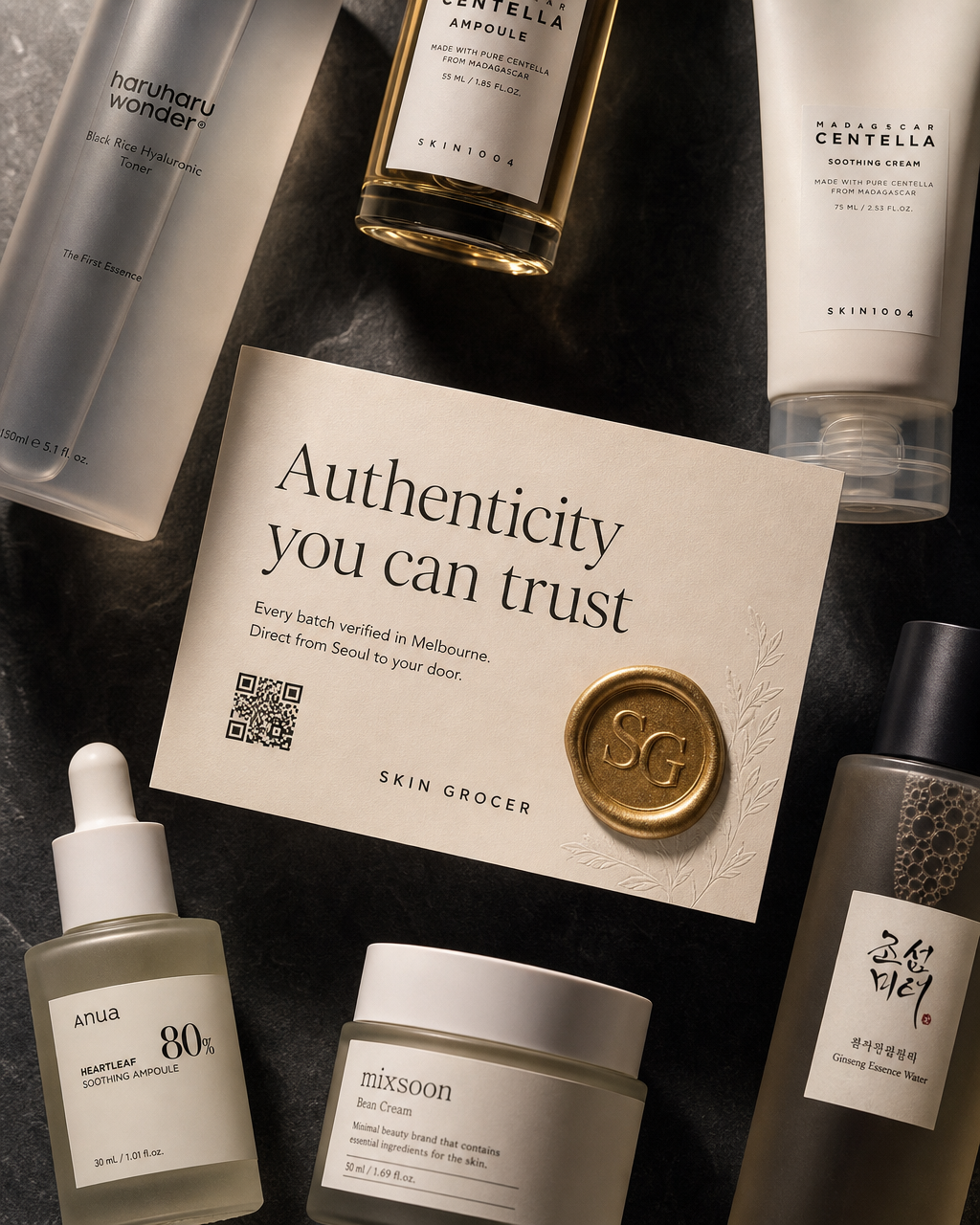 Skin Grocer authenticity card surrounded by Aestura, Beauty of Joseon and COSRX products