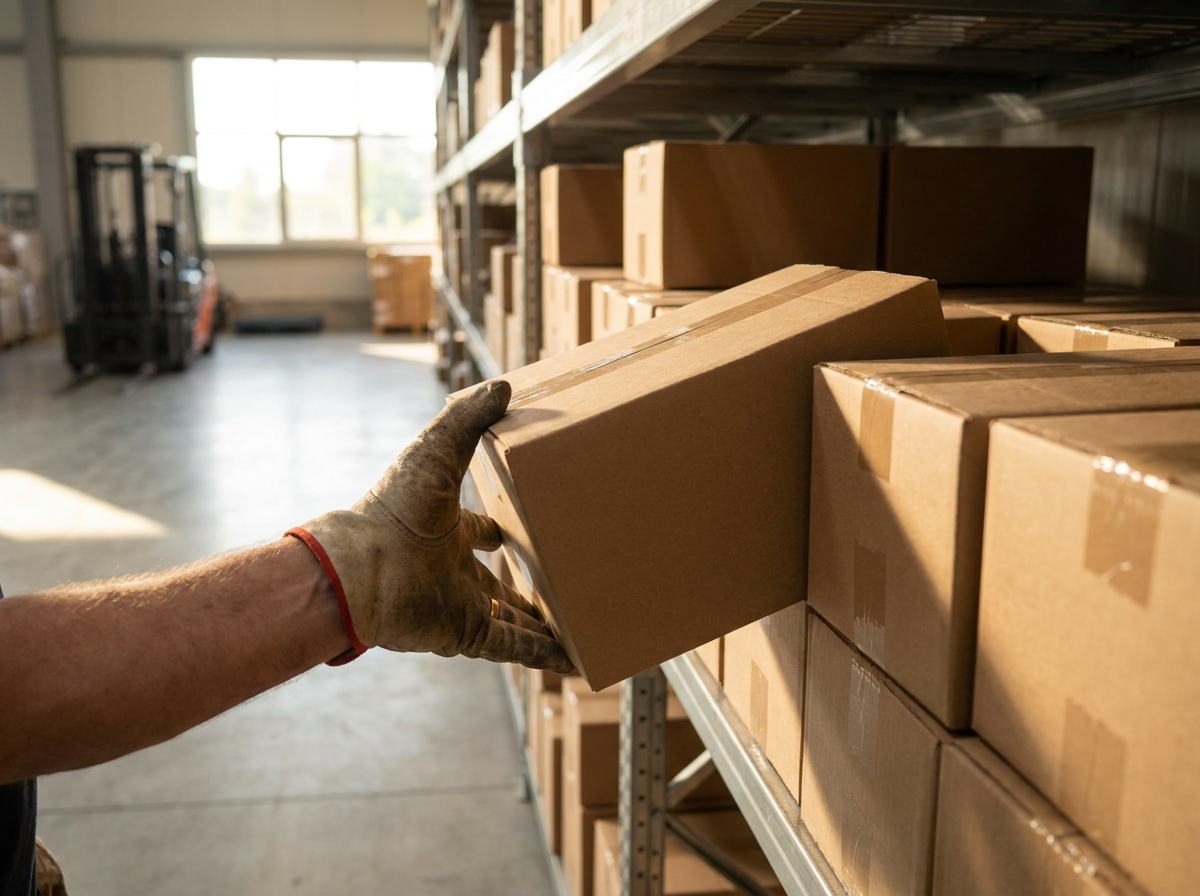 Cartons of Korean skincare stock being handled on shelves in the Melbourne warehouse