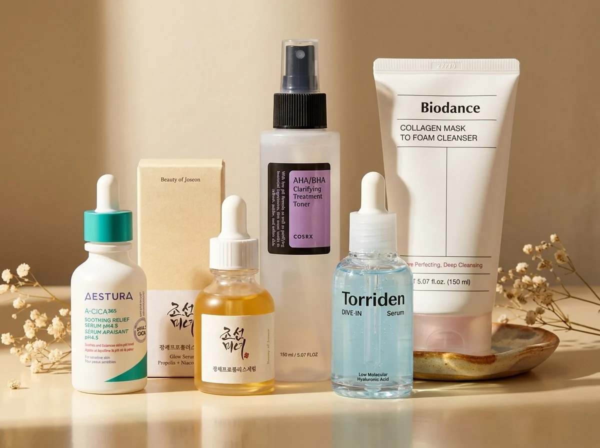 Editorial still life of Korean skincare: AESTURA A-Cica 365 serum, Beauty of Joseon Glow Serum, COSRX AHA/BHA toner, Torriden DIVE-IN serum and Biodance collagen mask to foam cleanser