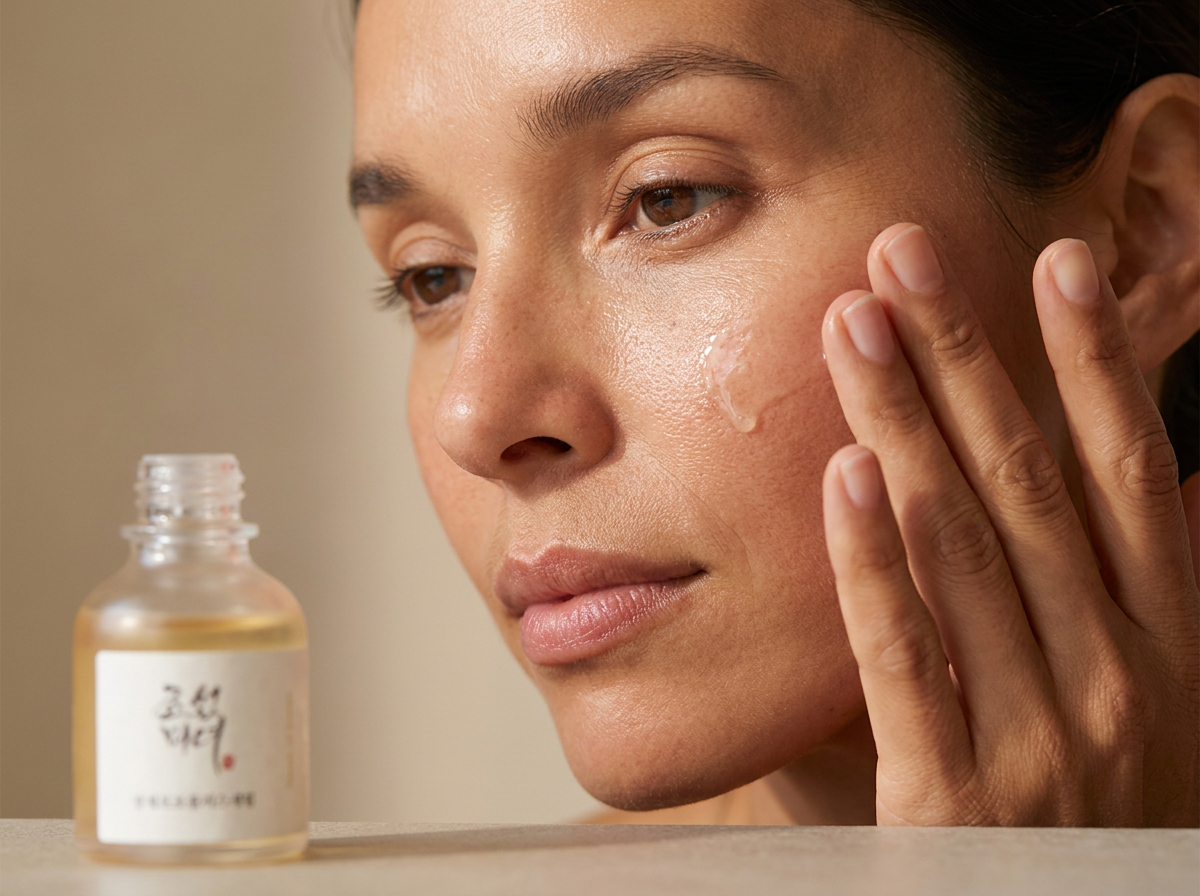 Woman applying a lightweight Korean serum to her face in soft natural light