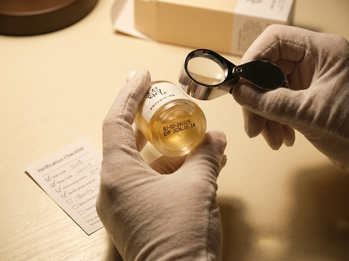 Hands checking a batch code on a skincare bottle against a verification sheet