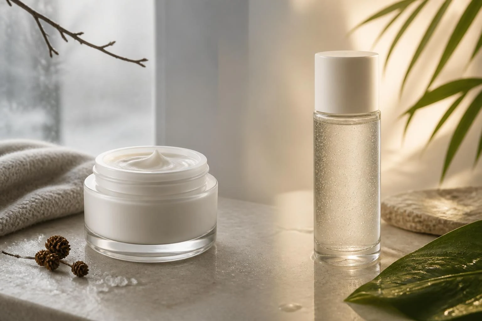 A rich winter cream and a light humid-weather gel side by side on pale stone