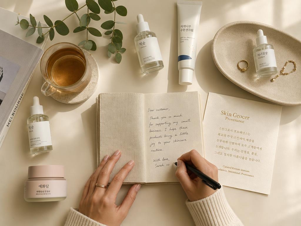 Hands writing a note at the Skin Grocer desk, surrounded by Korean skincare samples and a provenance card
