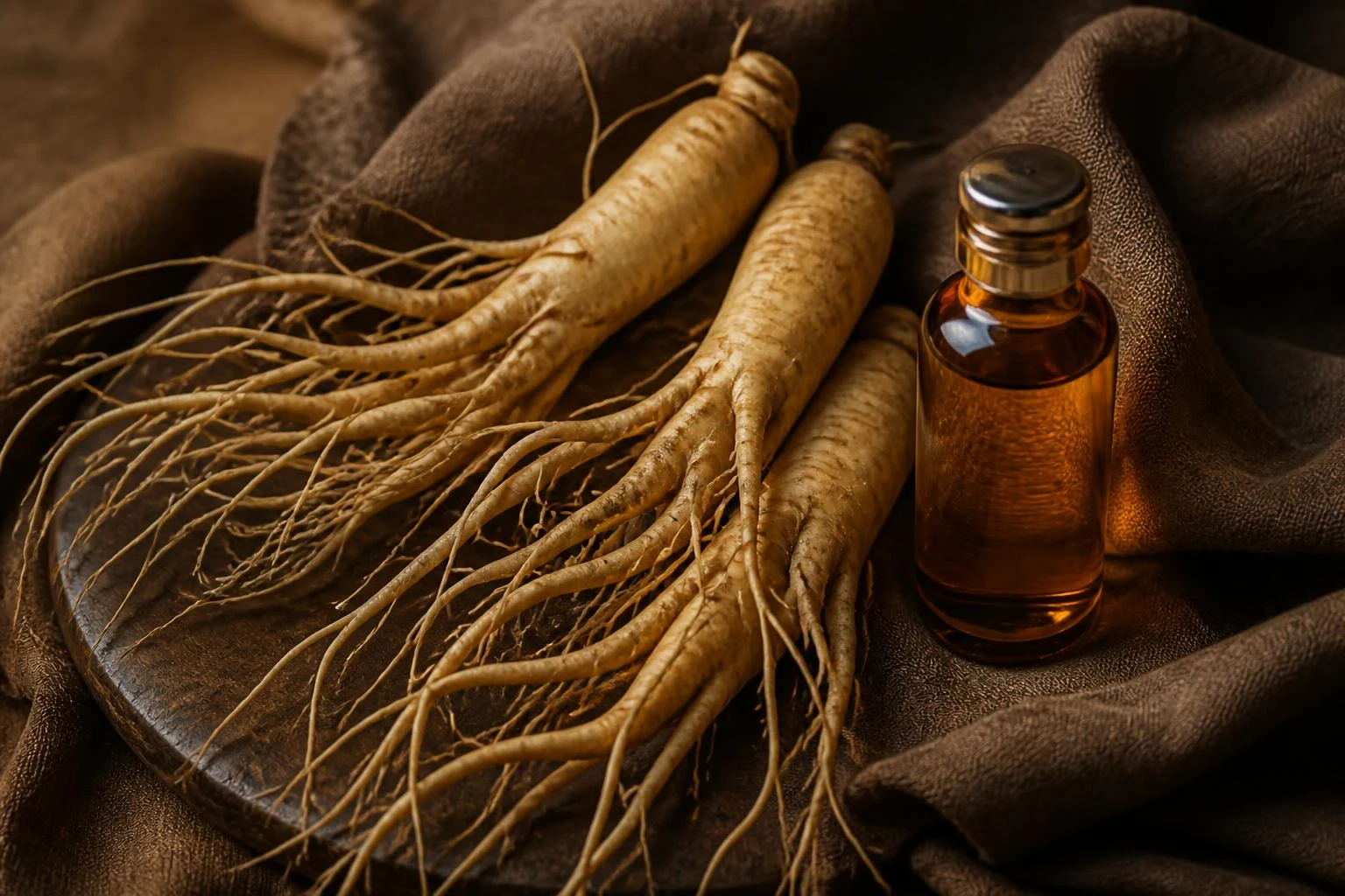 Whole Korean ginseng roots beside an amber vial of golden ginseng serum