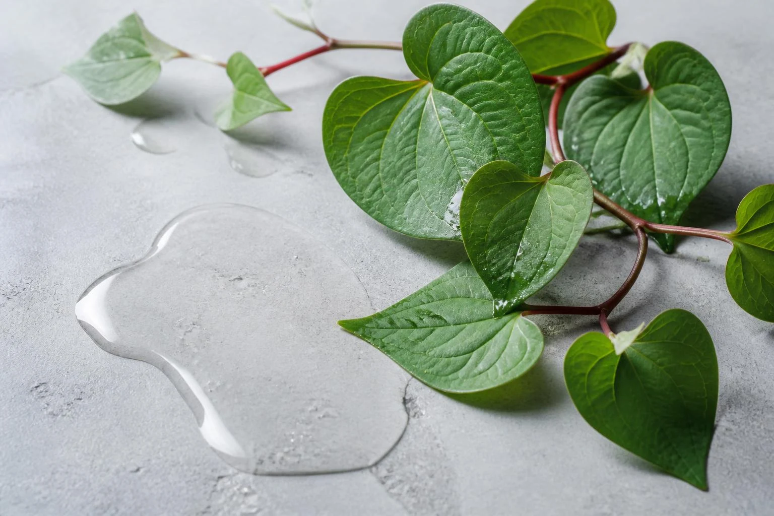 Heart-shaped houttuynia cordata leaves beside a clear watery toner on pale concrete