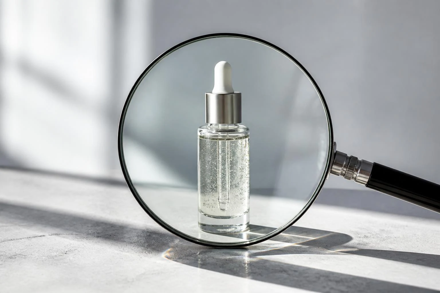 An unbranded serum bottle examined under a magnifying glass on a pale surface