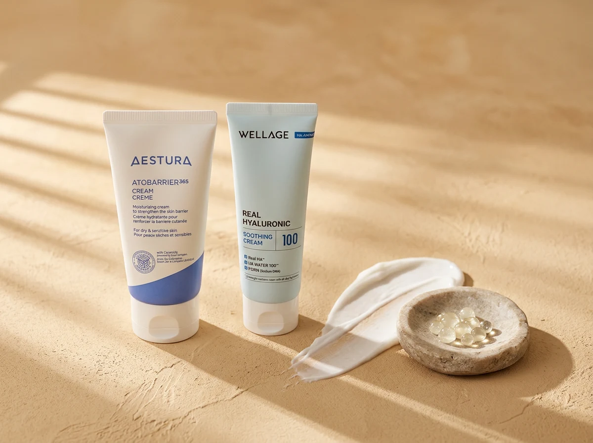 AESTURA Atobarrier365 Cream and WELLAGE Real Hyaluronic Soothing Cream beside a ceramide cream swatch