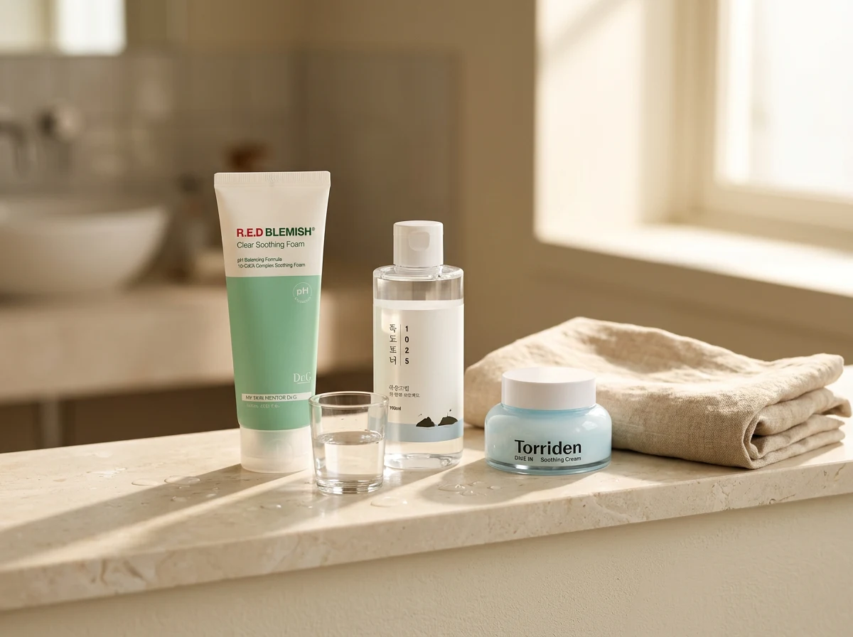 ROUND LAB toner, TORRIDEN Dive In Soothing Cream and Dr.G soothing foam lined up as a four-step routine