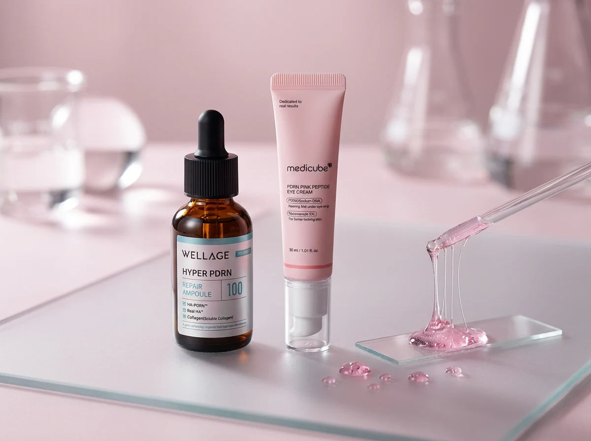 WELLAGE Hyper PDRN Repair Ampoule and MEDICUBE PDRN Pink Peptide Eye Cream with pink ampoule fluid on a lab slide