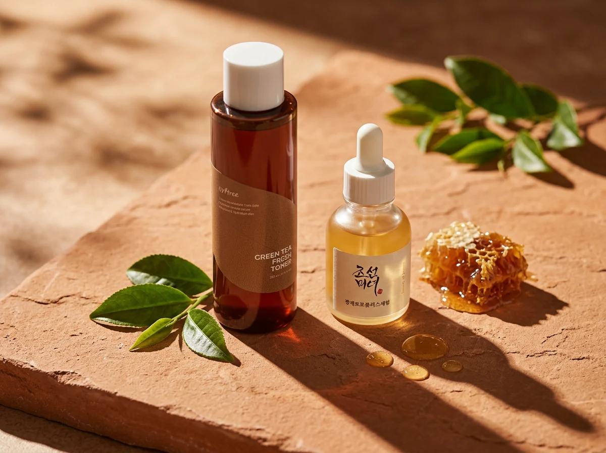 Beauty of Joseon Glow Serum and ISNTREE Green Tea Fresh Toner in hard sunlight with green tea leaves and propolis honeycomb
