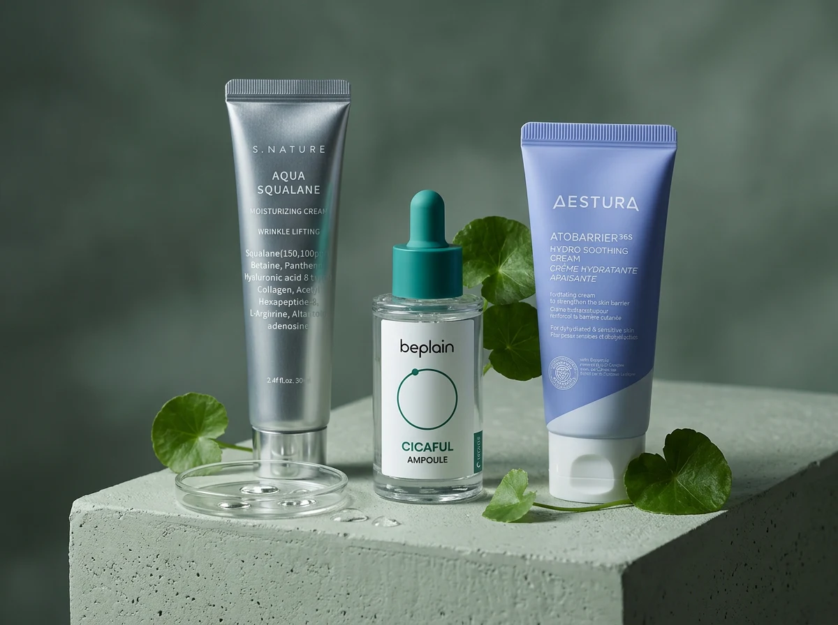 S.NATURE, beplain and AESTURA creams on concrete with fresh centella leaves and squalane oil drops
