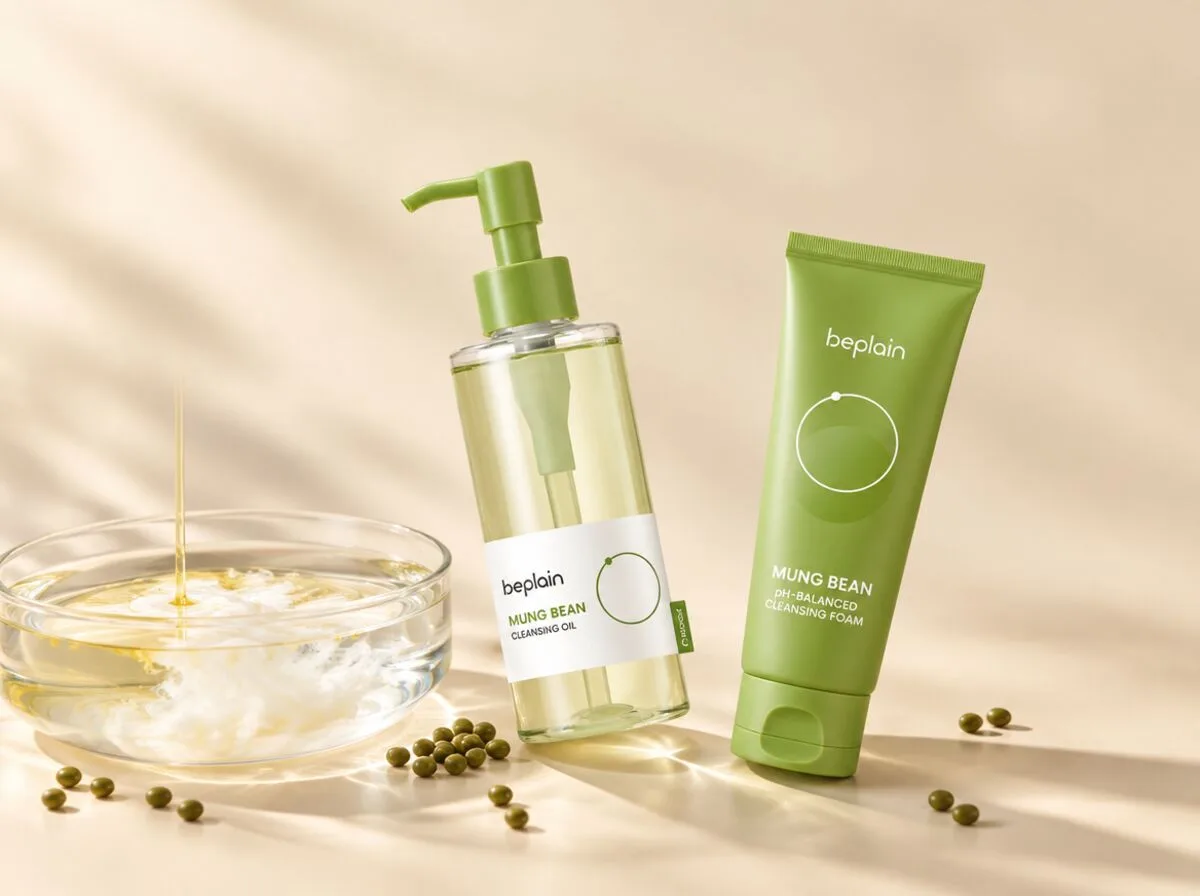 beplain Mung Bean Cleansing Oil and Mung Bean pH-Balanced Cleansing Foam on a warm ivory backdrop, beside a glass dish where a stream of cleansing oil turns milky in water, with scattered mung beans