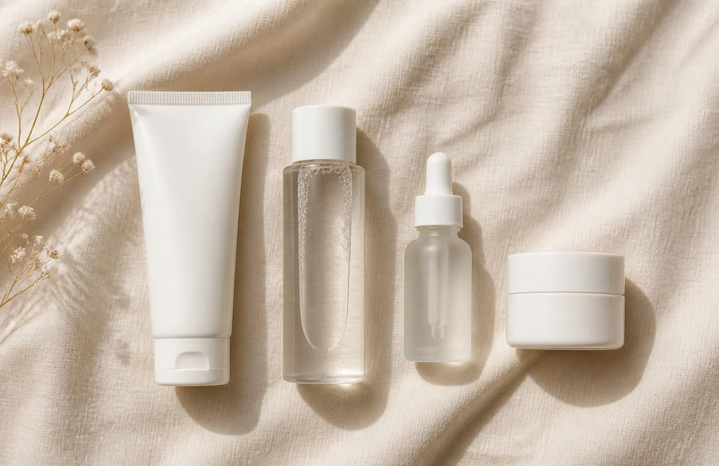 Flatlay of a short Korean skincare routine: cleanser, toner, serum and cream