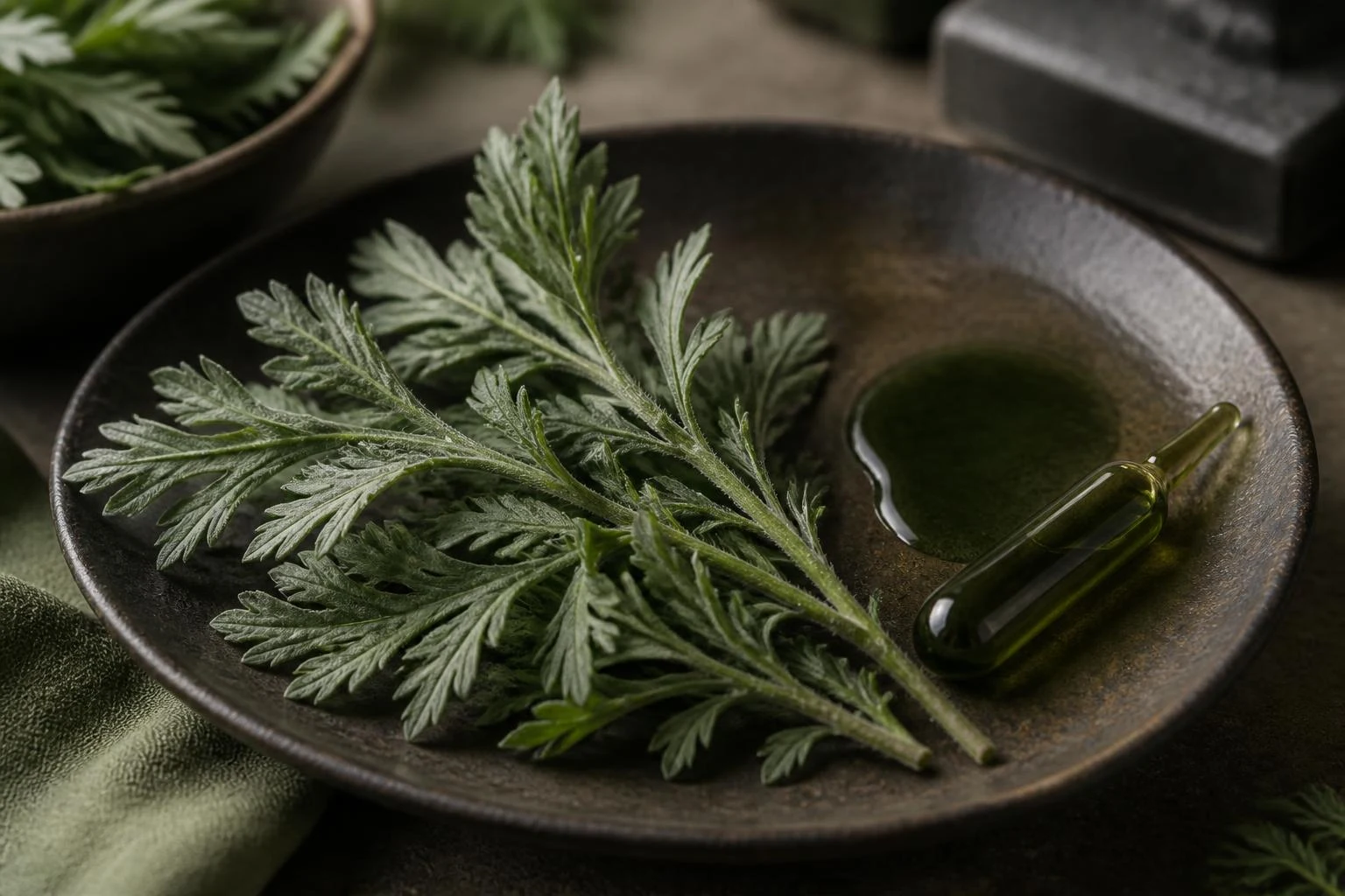 Fresh Korean mugwort sprigs on a dark ceramic dish beside deep green ampoule liquid