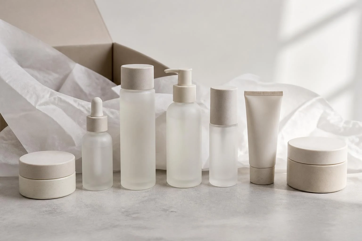 A row of newly unboxed unbranded Korean skincare bottles and jars in bright studio light