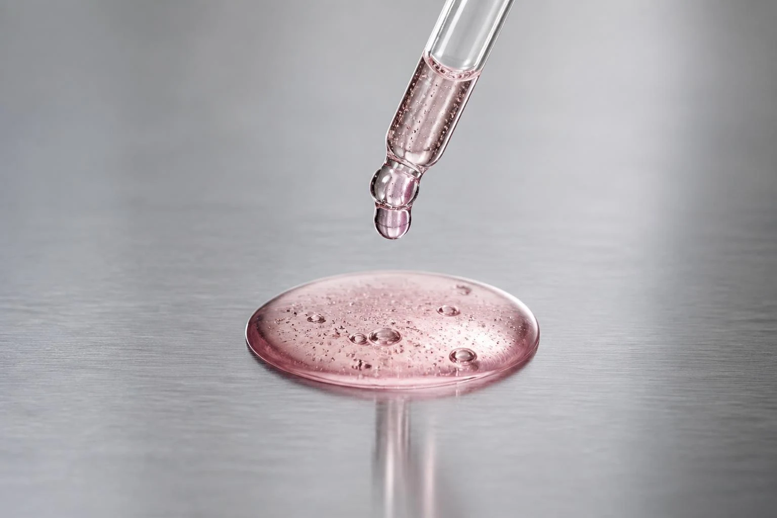 Glass dropper releasing pale pink PDRN ampoule fluid onto a brushed steel laboratory surface
