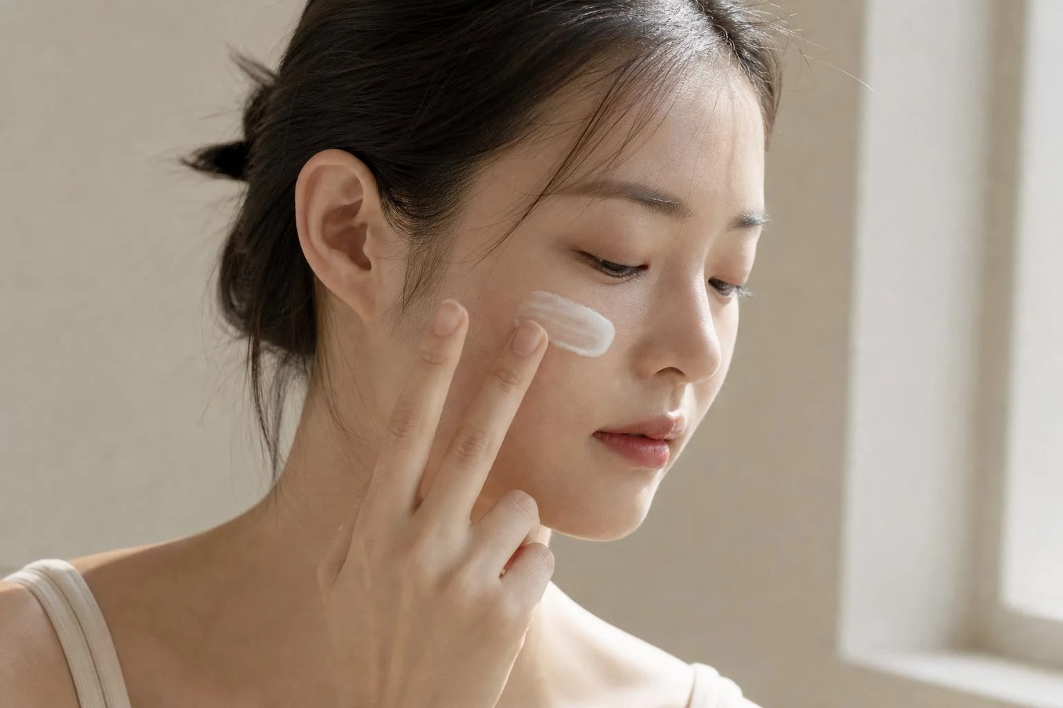 Korean woman smoothing sunscreen along her cheekbone in soft morning light — daily preventative care