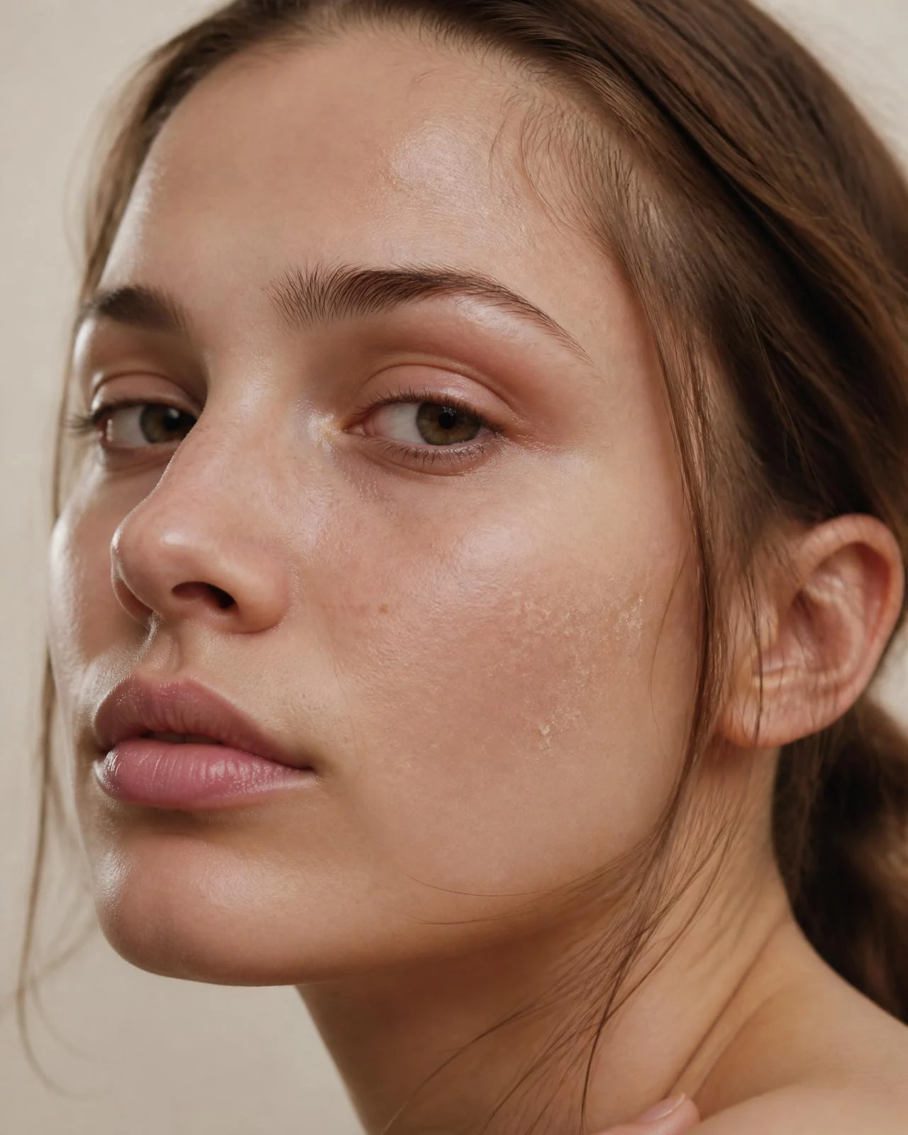 Close-up of bare skin in soft natural light, showing natural texture and dryness on the cheek