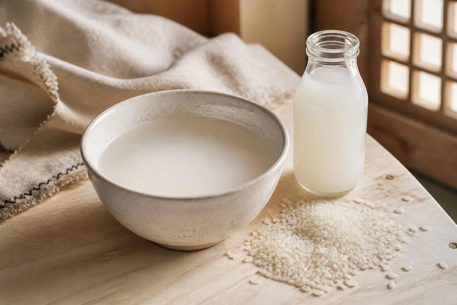Bowl of cloudy rice water and raw rice grains beside a bottle of milky ferment essence