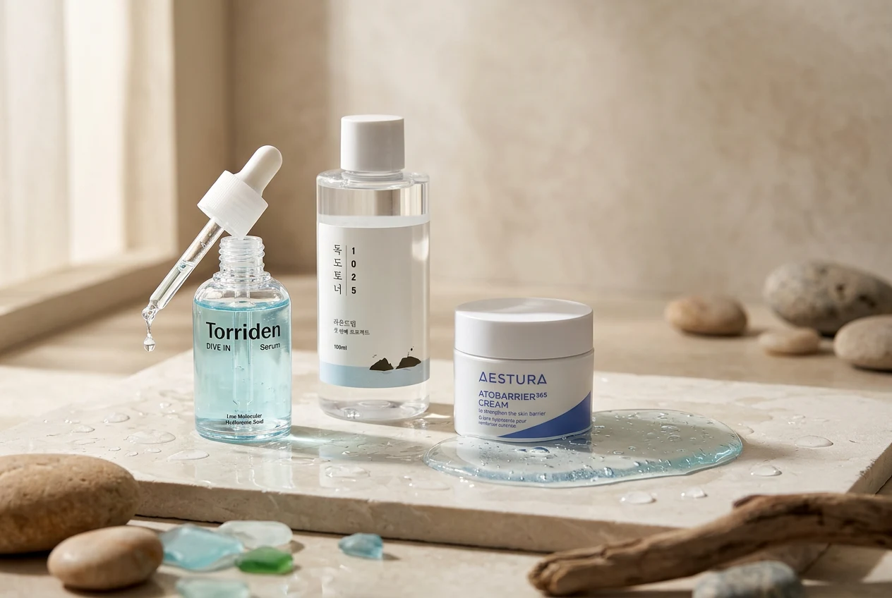 TORRIDEN Dive In Serum, ROUND LAB 1025 Dokdo Toner and AESTURA Atobarrier365 Cream on wet limestone with hyaluronic gel and water droplets
