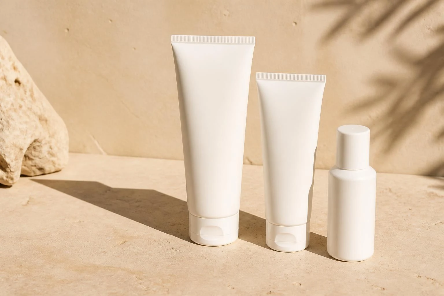 Unbranded white sunscreen tubes standing in hard sunlight casting sharp shadows