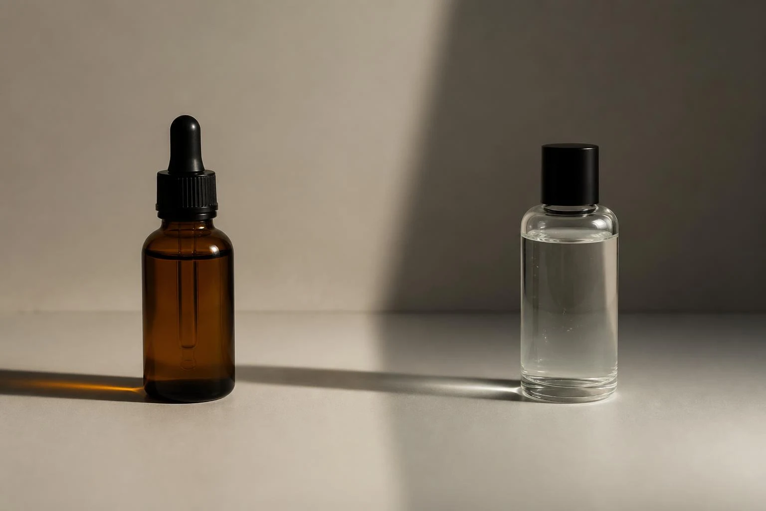 Two unbranded serum bottles kept deliberately apart by a shadow line