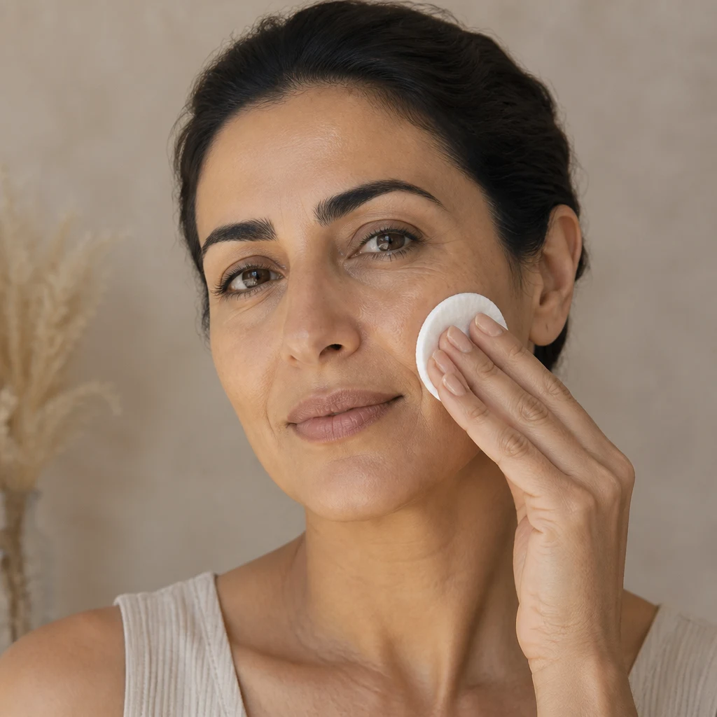 A woman in her forties sweeping toner across her cheek with a cotton round
