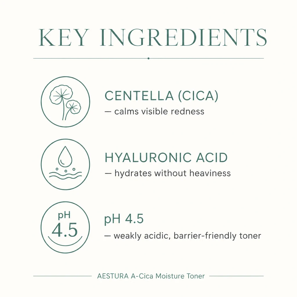 Key ingredients panel for AESTURA A-Cica Moisture Toner: centella asiatica, hyaluronic acid and a pH 4.5 weakly acidic formula