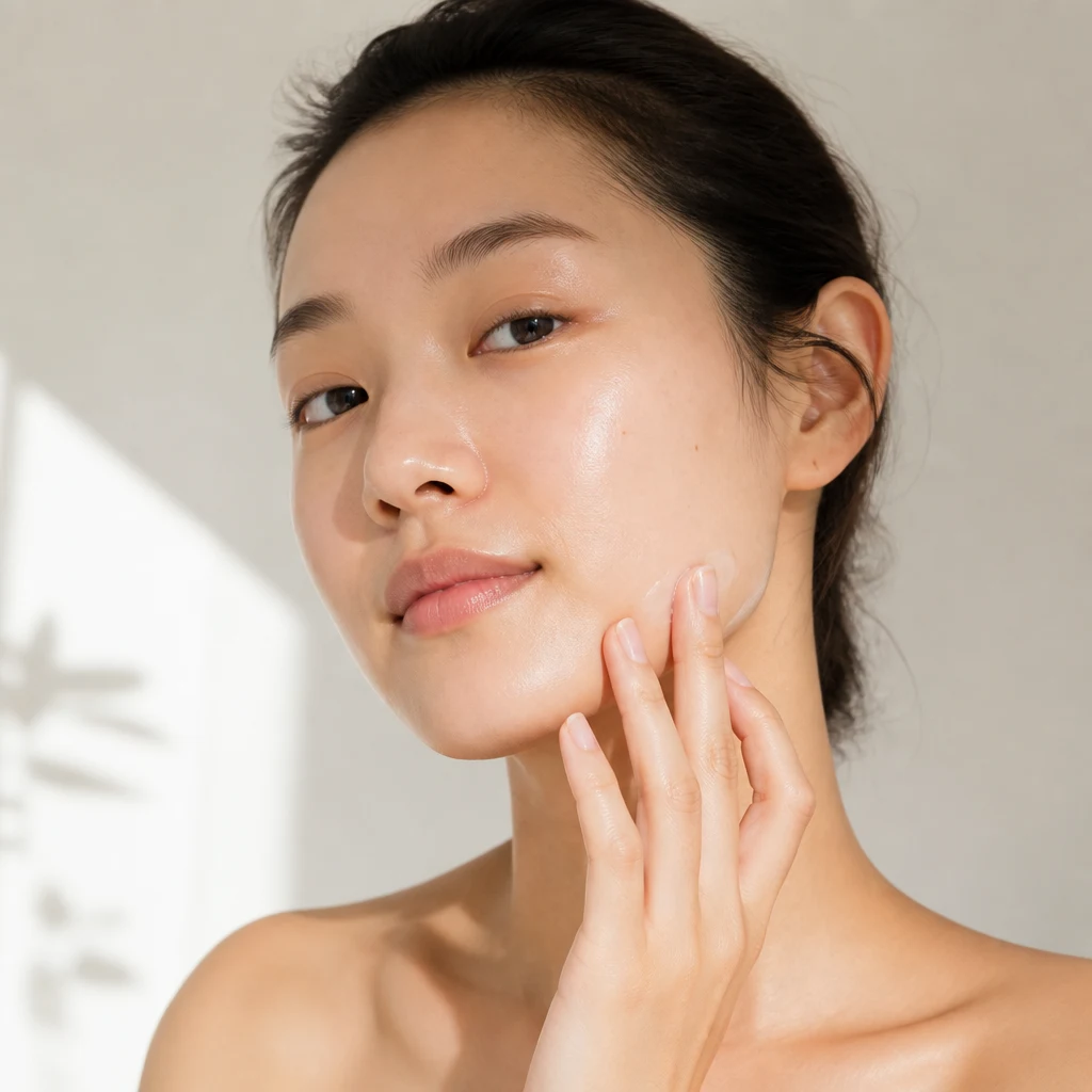 A young East Asian woman patting a light gel-cream into her jawline