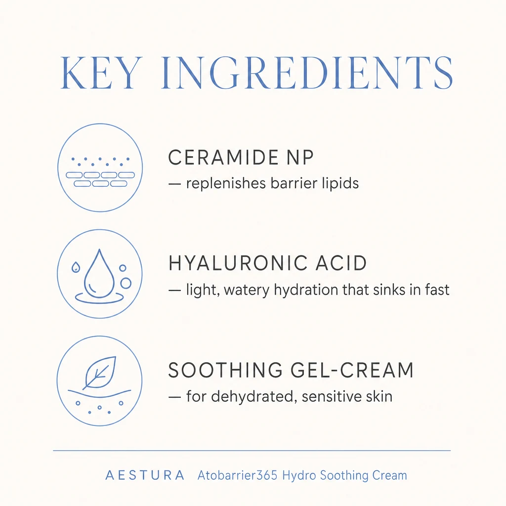 Key ingredients panel for AESTURA Atobarrier365 Hydro Soothing Cream: ceramide NP, hyaluronic acid and a soothing gel-cream base