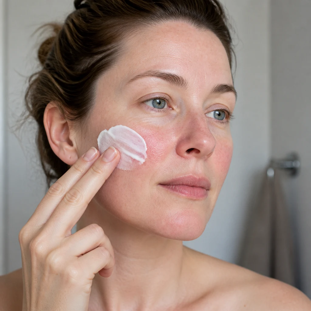 A woman with pale, flushed cheeks smoothing a rich white barrier cream onto her cheek