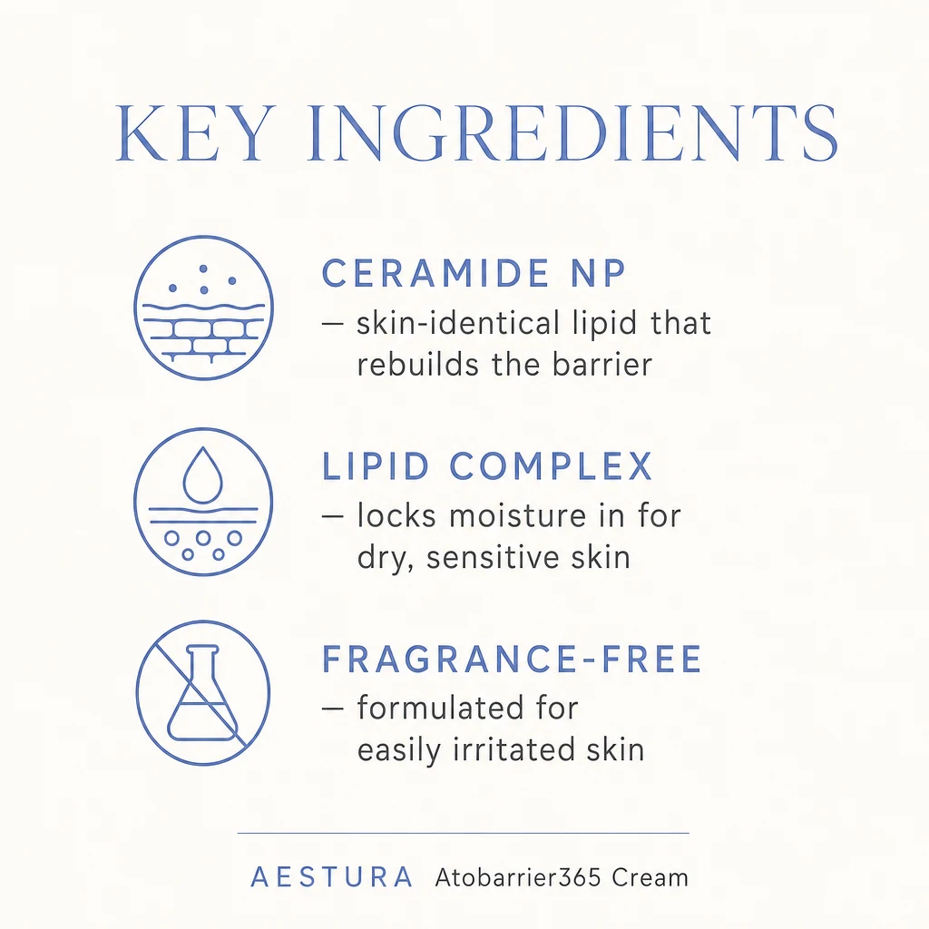 Key ingredients panel for AESTURA Atobarrier365 Cream: ceramide NP, lipid complex and a fragrance-free formula