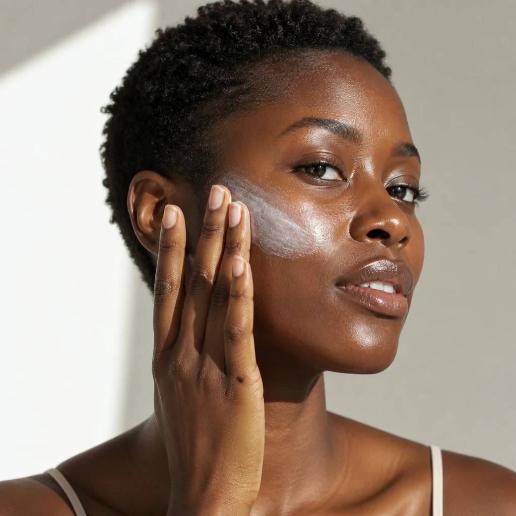 A woman with deep brown skin blending mineral sunscreen along her cheekbone in daylight