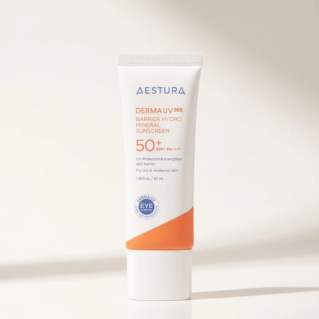 AESTURA Derma UV365 Barrier Moisture Mineral Sun Cream 20ml on a clean white studio backdrop