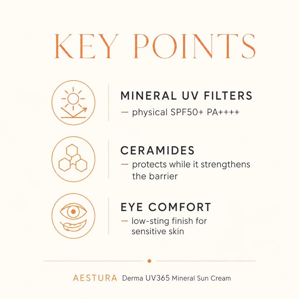 Key points panel for AESTURA Derma UV365: mineral UV filters at SPF50+ PA++++, ceramides and a low-sting eye-comfort finish