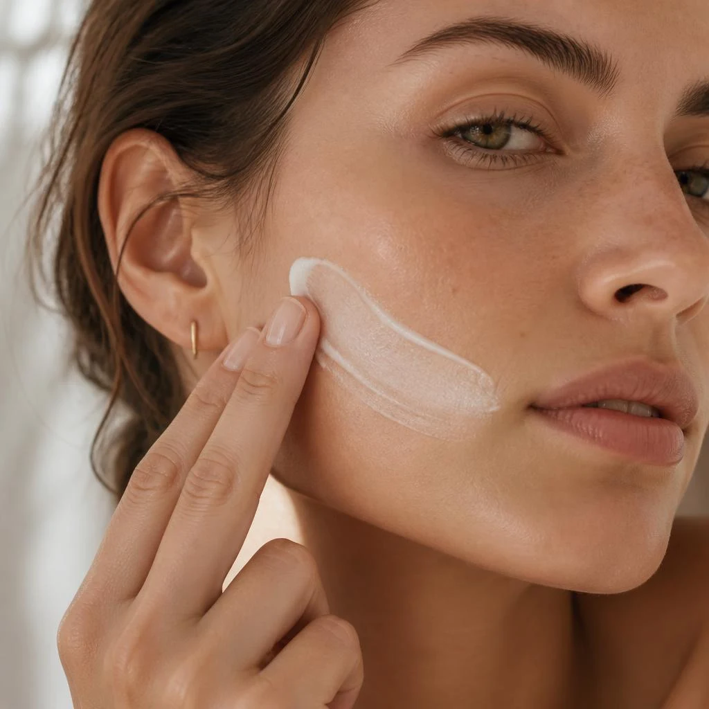 Rich white moisturiser being smoothed across the cheek with fingertips for a soft, well-fed finish