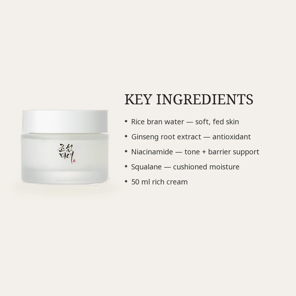 Key ingredients panel for Beauty of Joseon Dynasty Cream: rice bran water, ginseng root extract, niacinamide and squalane