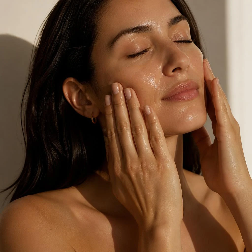 Cleansing oil being massaged over dry skin on the cheek and jawline before emulsifying with water