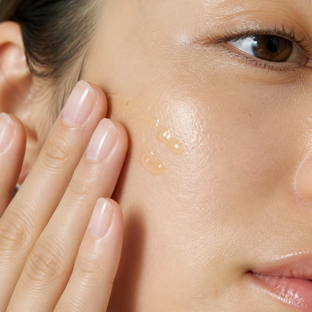 Drops of pale gold propolis serum being patted into the cheek for a dewy glass-skin finish