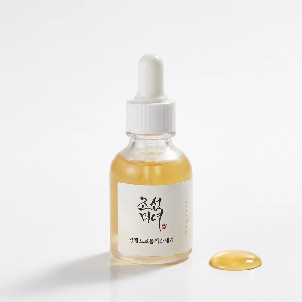 Beauty of Joseon Glow Serum: Propolis + Niacinamide 30ml glass dropper bottle with a golden serum droplet on a clean white studio backdrop