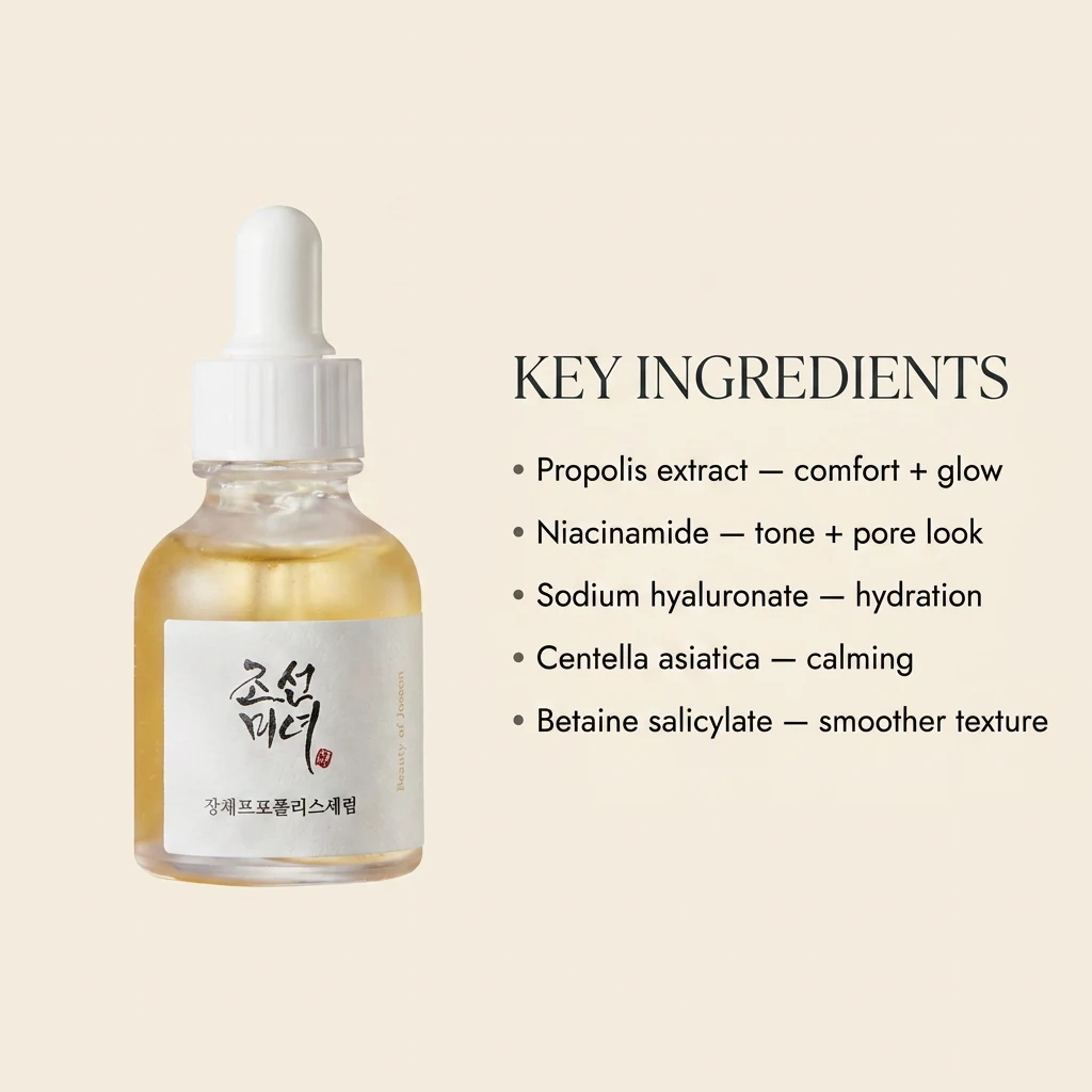 Key ingredients panel for Beauty of Joseon Glow Serum: propolis extract, niacinamide, sodium hyaluronate, centella asiatica and betaine salicylate