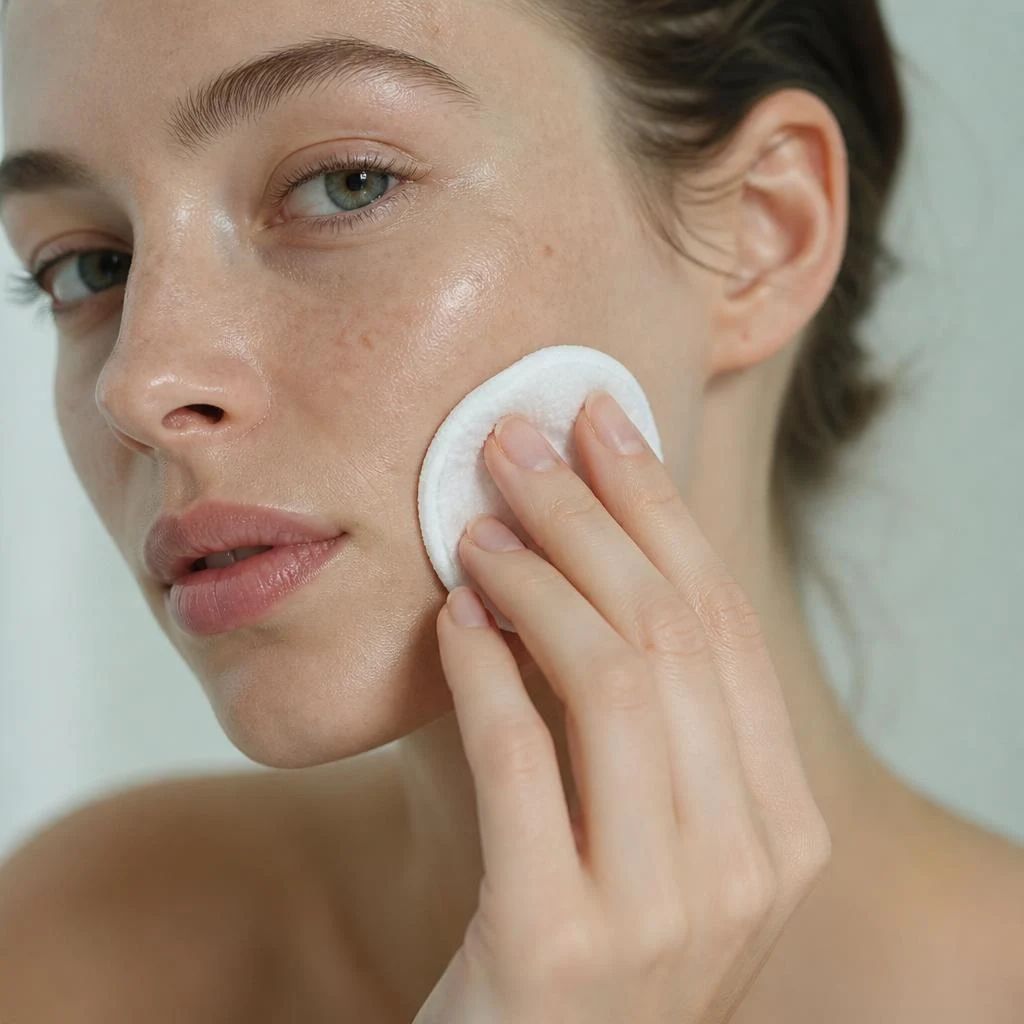 Toner being swept across the cheek with a cotton pad after cleansing