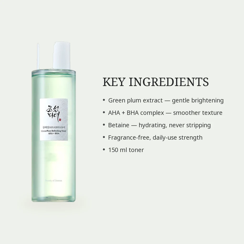 Key ingredients panel for Beauty of Joseon Green Plum Refreshing Toner: green plum extract, a mild AHA + BHA complex and betaine, fragrance-free, 150ml