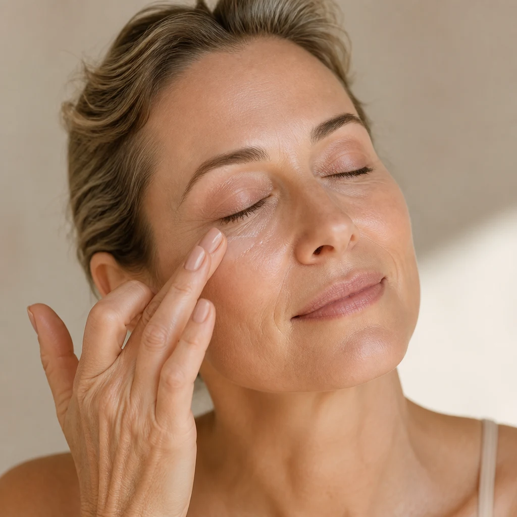 A mature woman patting eye serum along her under-eye with her ring finger