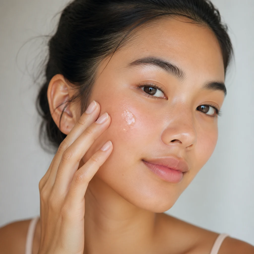 A woman pressing a few drops of clear watery ampoule into her cheek