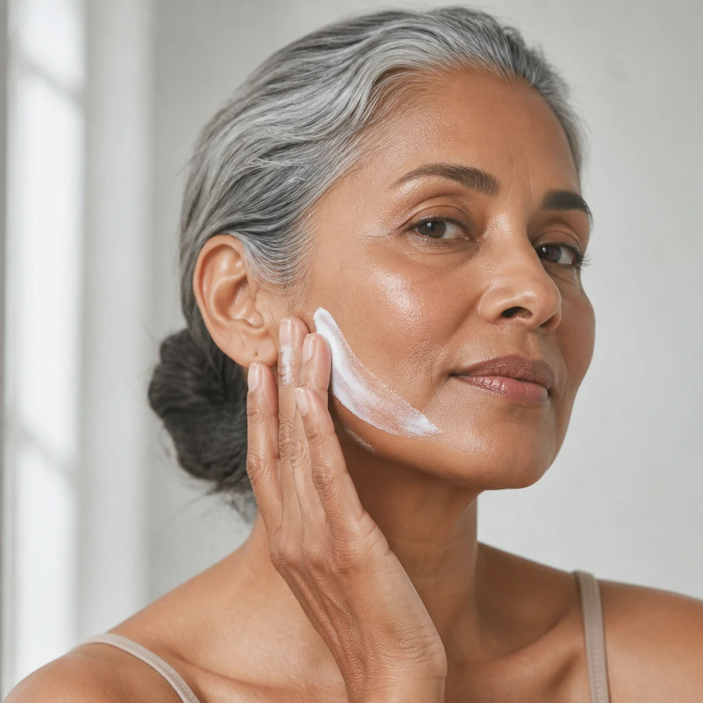 A mature woman smoothing a rich white cream along her jaw and cheek