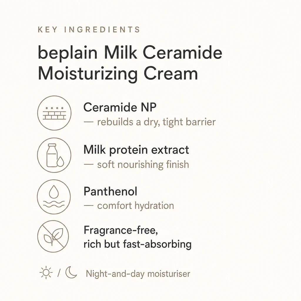 Key ingredients panel for beplain Milk Ceramide Moisturizing Cream: ceramide NP, milk protein extract and panthenol