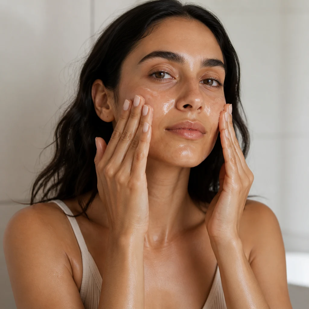A woman massaging cleansing oil over dry skin with both hands